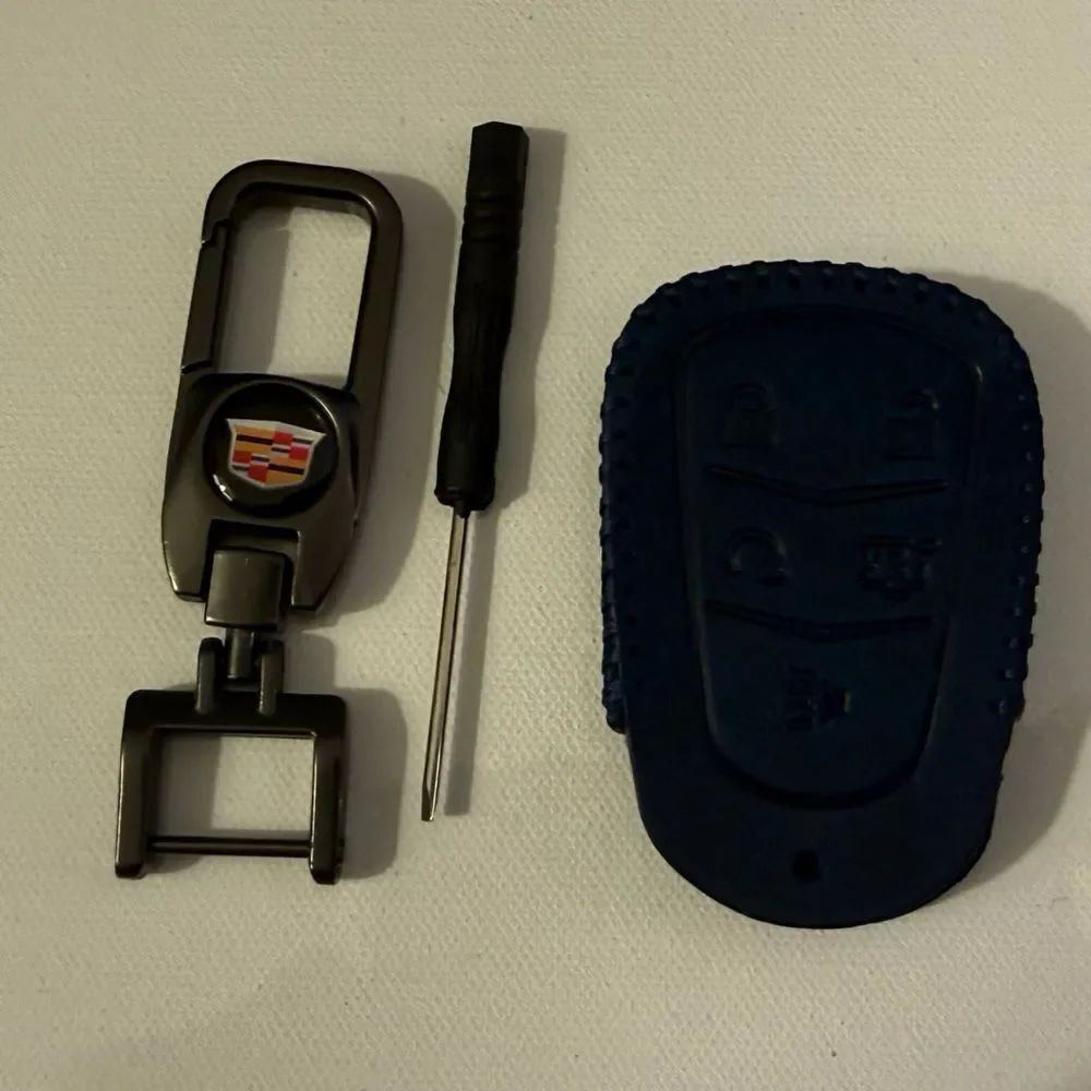 Cadillac Metal Key Fob Keychain and Key Fob Case Cover in Dark Blue Leather NWT